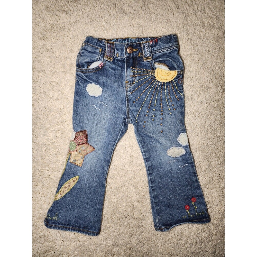 Baby Gap Denim Stretch Toddler Embroidered Jeans Size 2t Vintage Patched